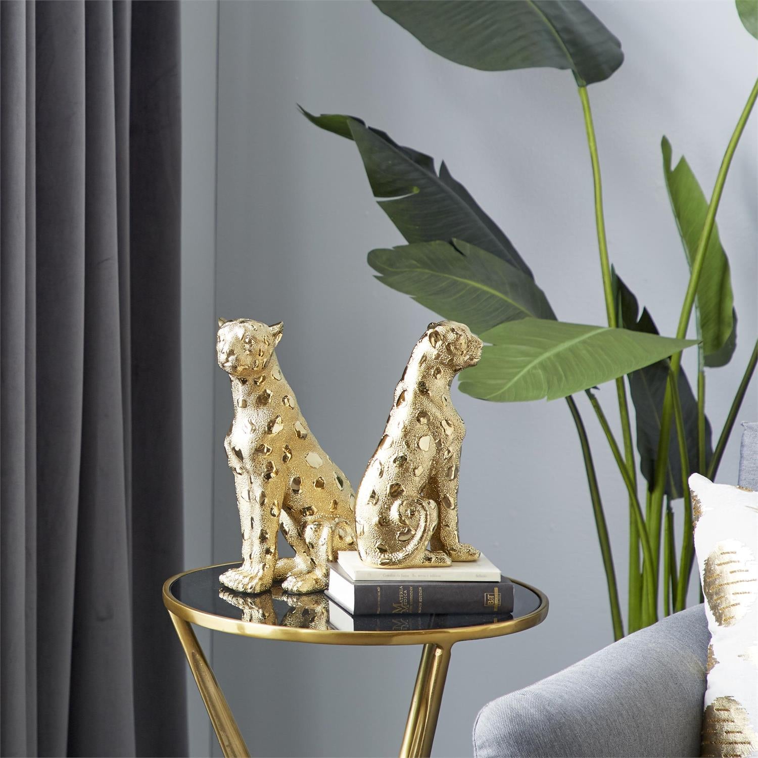 UMA 98691 Gold Resin Leopard Decorative Sculpture, Set of 2 10", 12"H