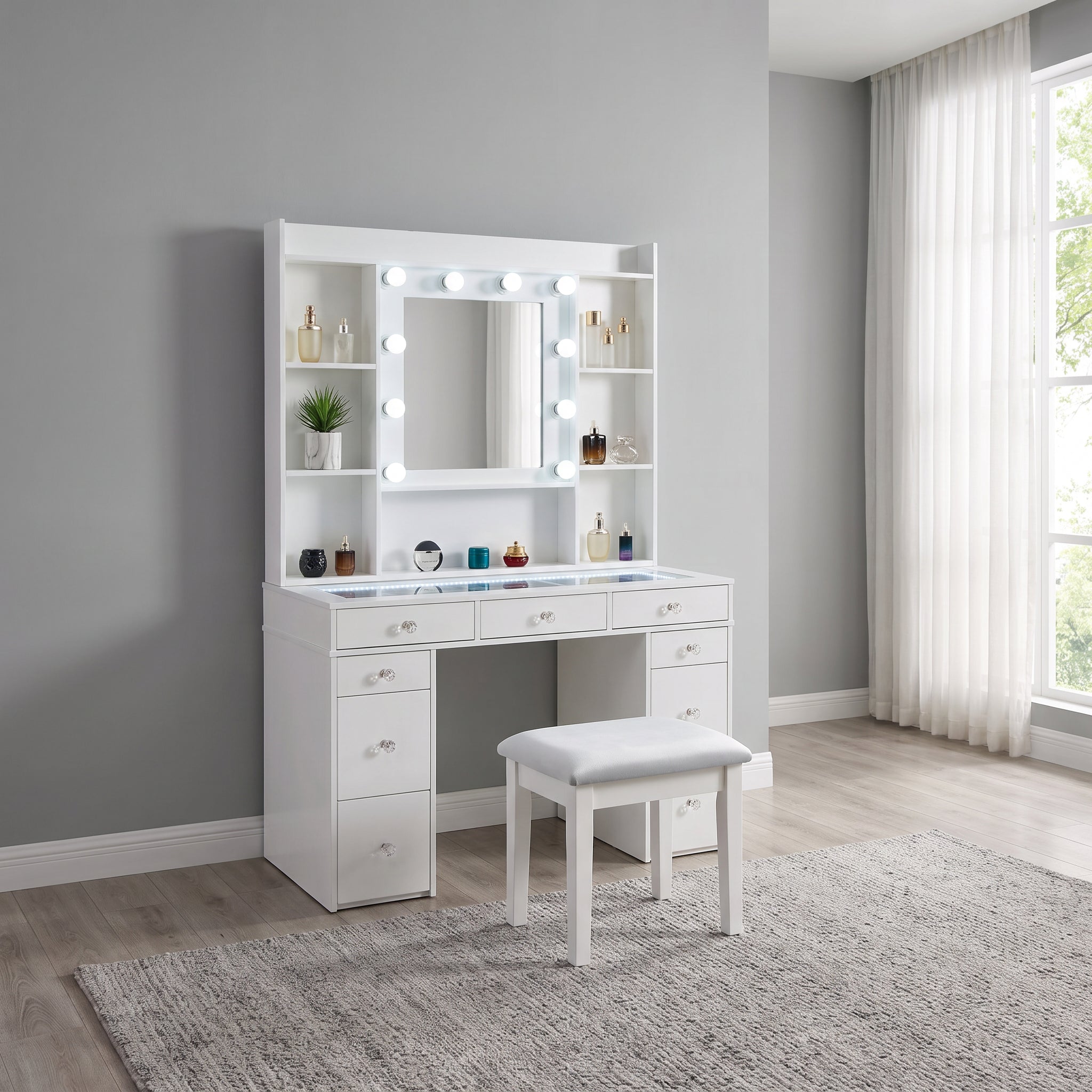 FOA 12000WH-SET White Vanity Cabinet w/ Stool