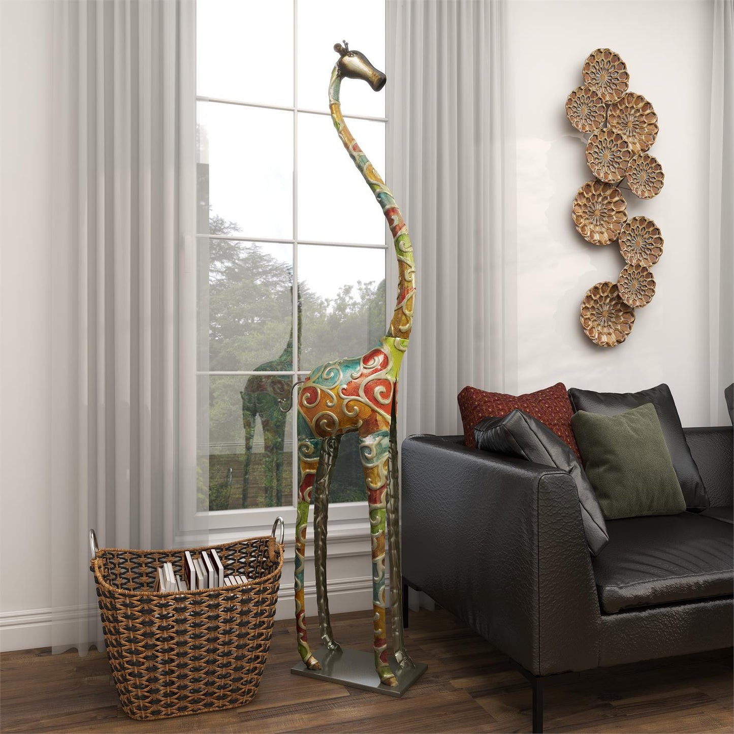 UMA 13837 Jeffrey Multi Colored Metal Giraffe Indoor Outdoor Tall Decorative Sculpture with Detailed Embossed Scrollwork, 17" x 7" x 73"