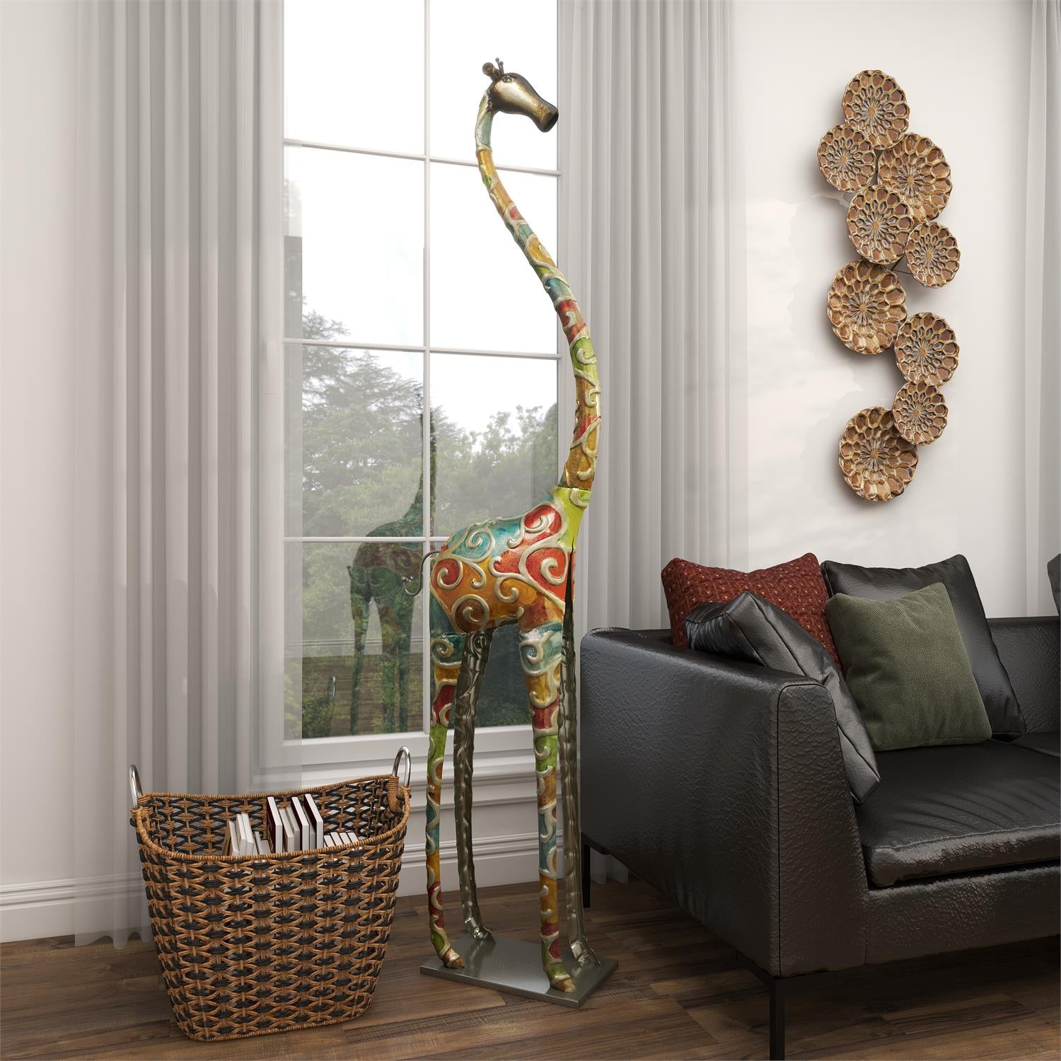 UMA 13837 Jeffrey Multi Colored Metal Giraffe Indoor Outdoor Tall Decorative Sculpture with Detailed Embossed Scrollwork, 17" x 7" x 73"
