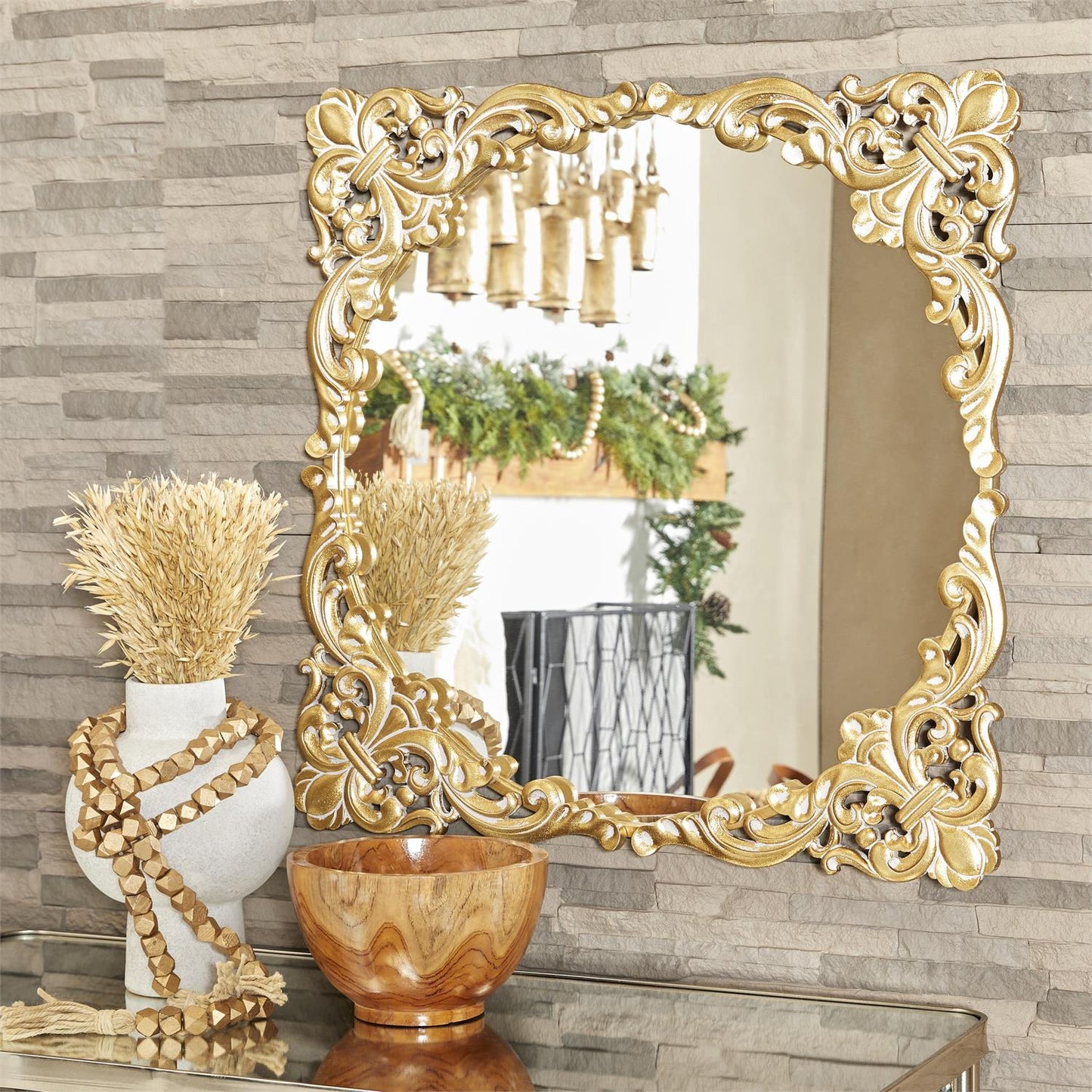 UMA 24458 Gold Metal Floral Ornate Baroque Room Wall Mirror with Distressed Details, 30" x 2" x 30"