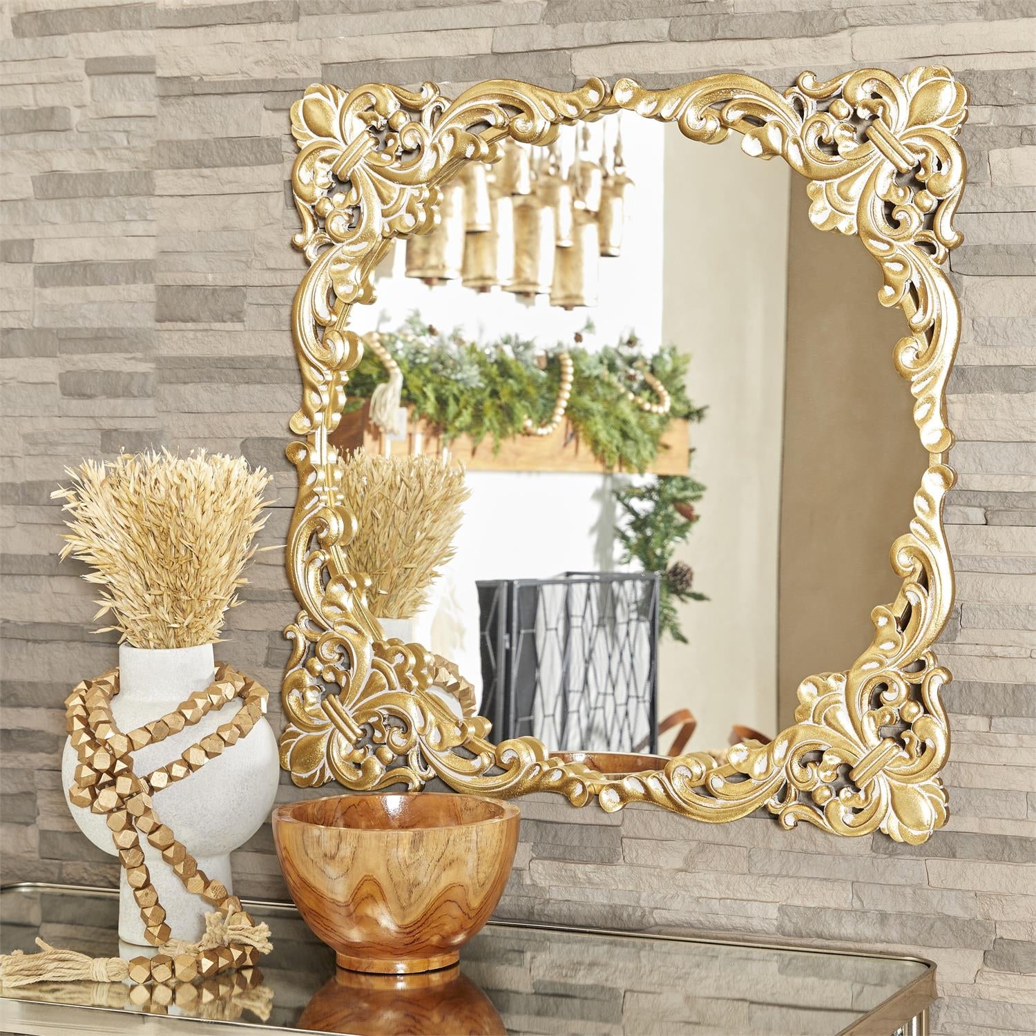 UMA 24458 Gold Metal Floral Ornate Baroque Room Wall Mirror with Distressed Details, 30" x 2" x 30"