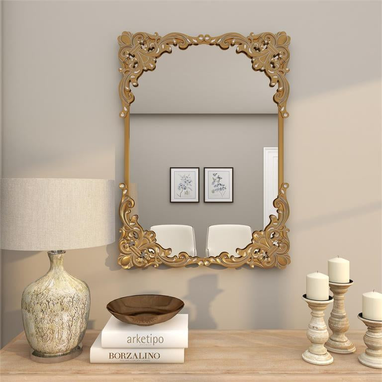 UMA 24459 Gold Metal Floral Ornate Baroque Room Wall Mirror with Distressed Details, 30" x 2" x 41"