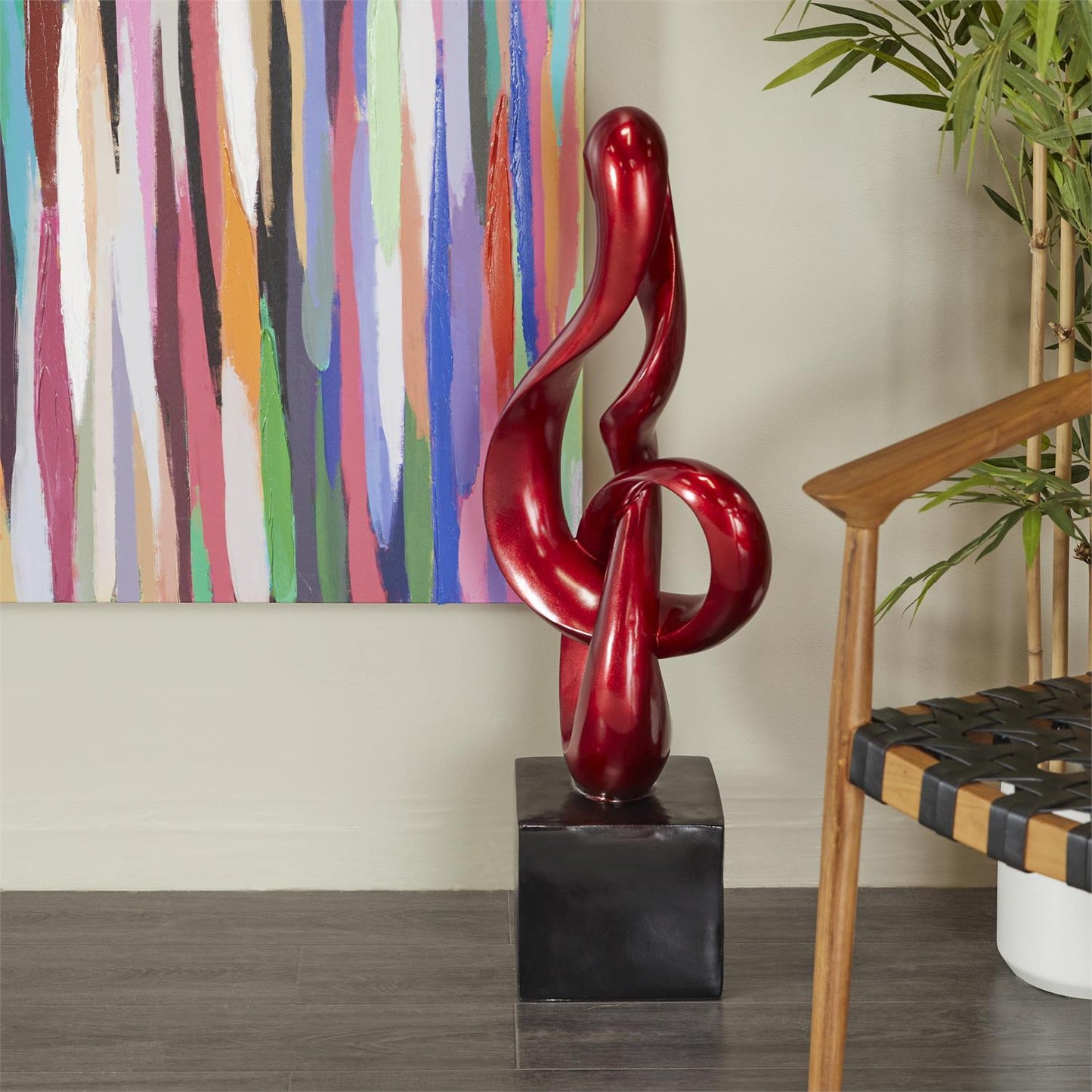UMA 29153 Red Polystone Abstract Swirl Decorative Sculpture with Black Base, 15" x 15" x 37"
