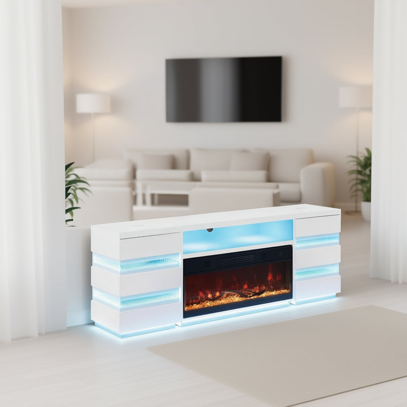 FOA FM-AC8024WH-TV-SET Terni White TV Stand w/ Fireplace & 2 Side Tables