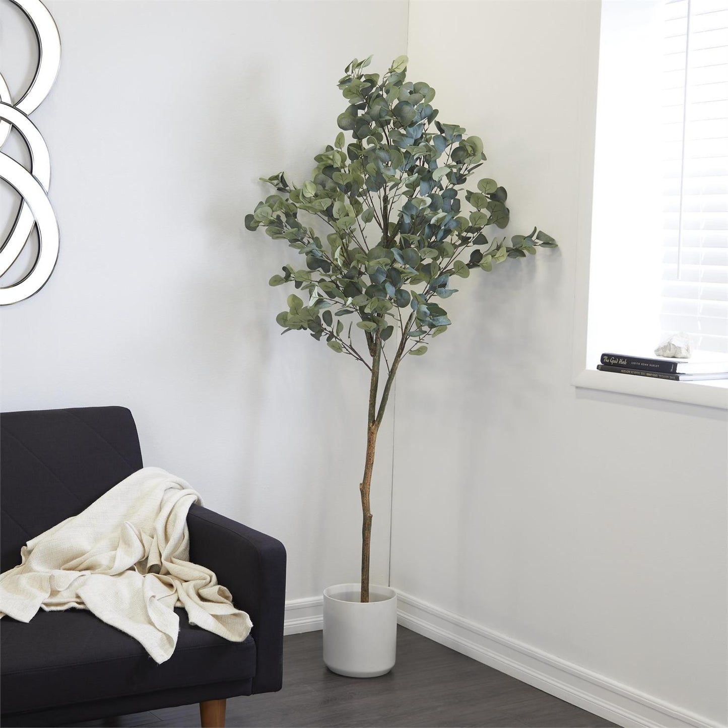 UMA 30365 Green Faux Foliage Eucalyptus Indoor Outdoor Artificial Tree with Realistic Leaves and Black Pot, 45" x 45" x 70"