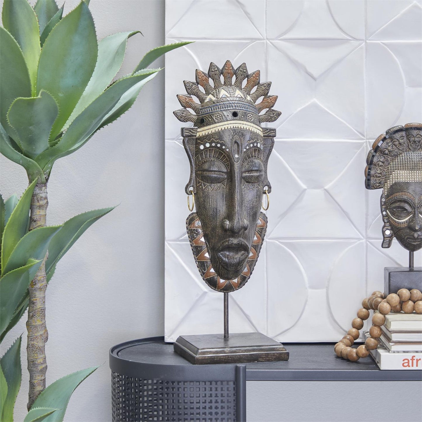 UMA 31810 Brown Polystone Mask African Tribal Decorative Sculpture with Rust and Navy Carvings and Gold Earrings, 8" x 6" x 22"