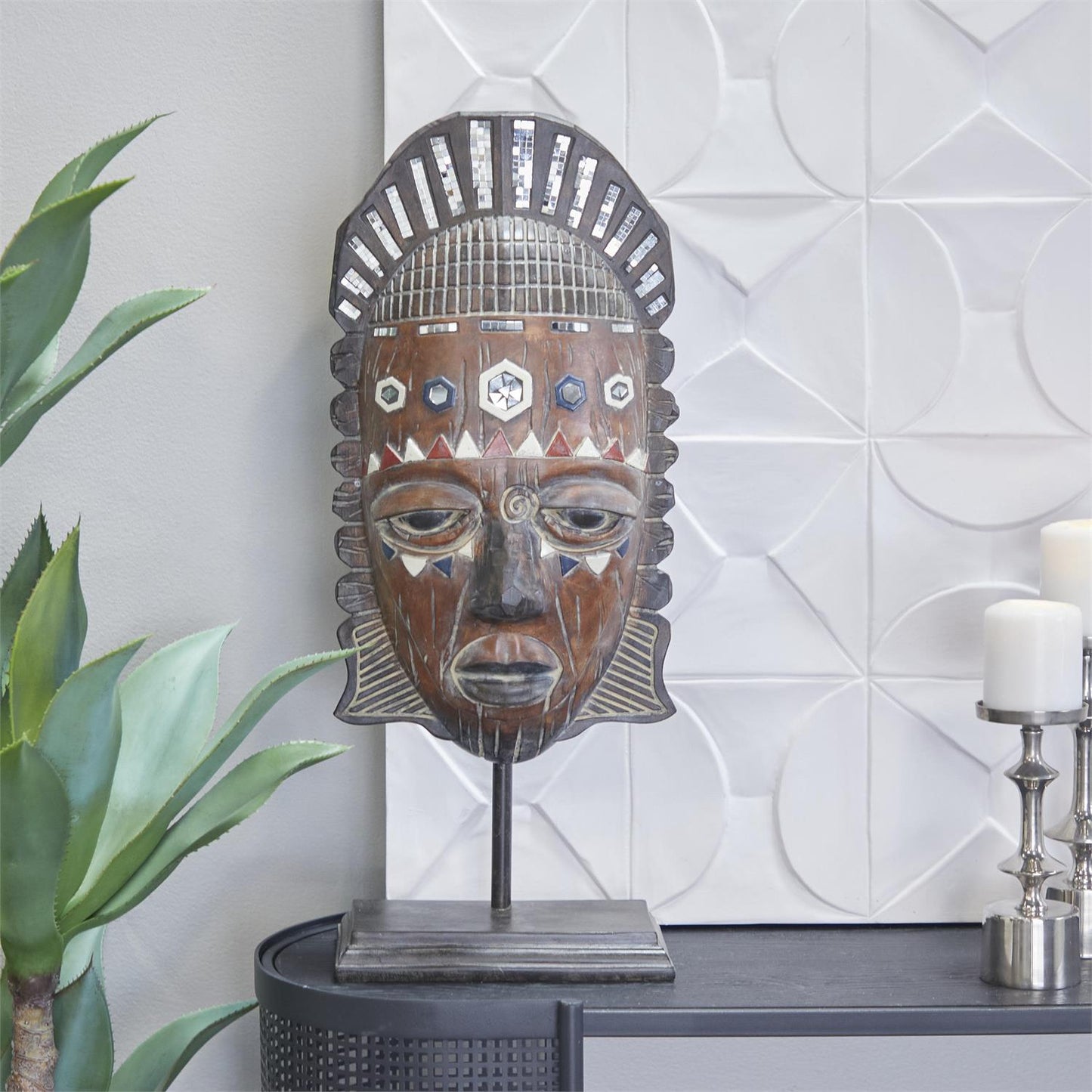 UMA 31812 Brown Polystone Mask African Tribal Decorative Sculpture with Rust and Navy Carvings and Mirrored Accents, 14" x 6" x 27"
