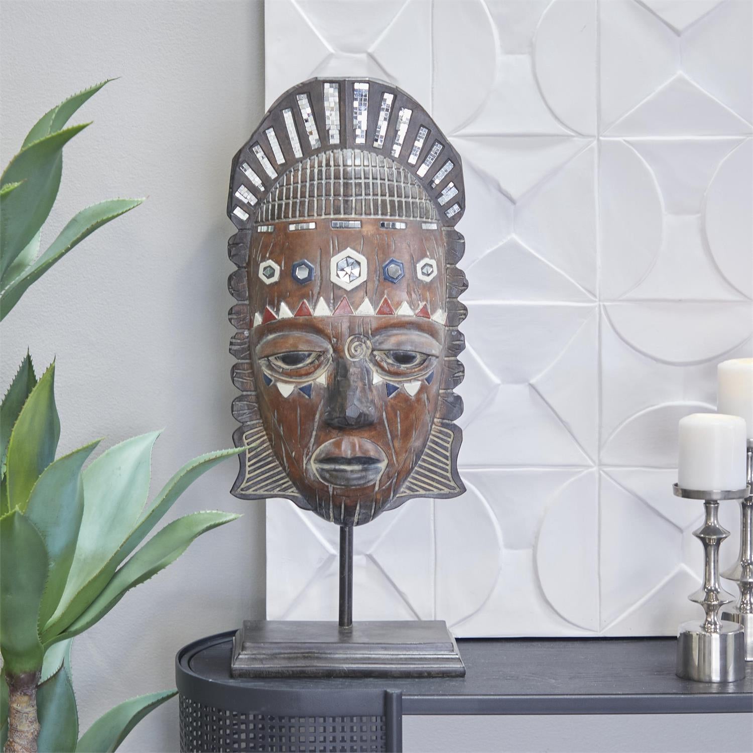 UMA 31812 Brown Polystone Mask African Tribal Decorative Sculpture with Rust and Navy Carvings and Mirrored Accents, 14" x 6" x 27"