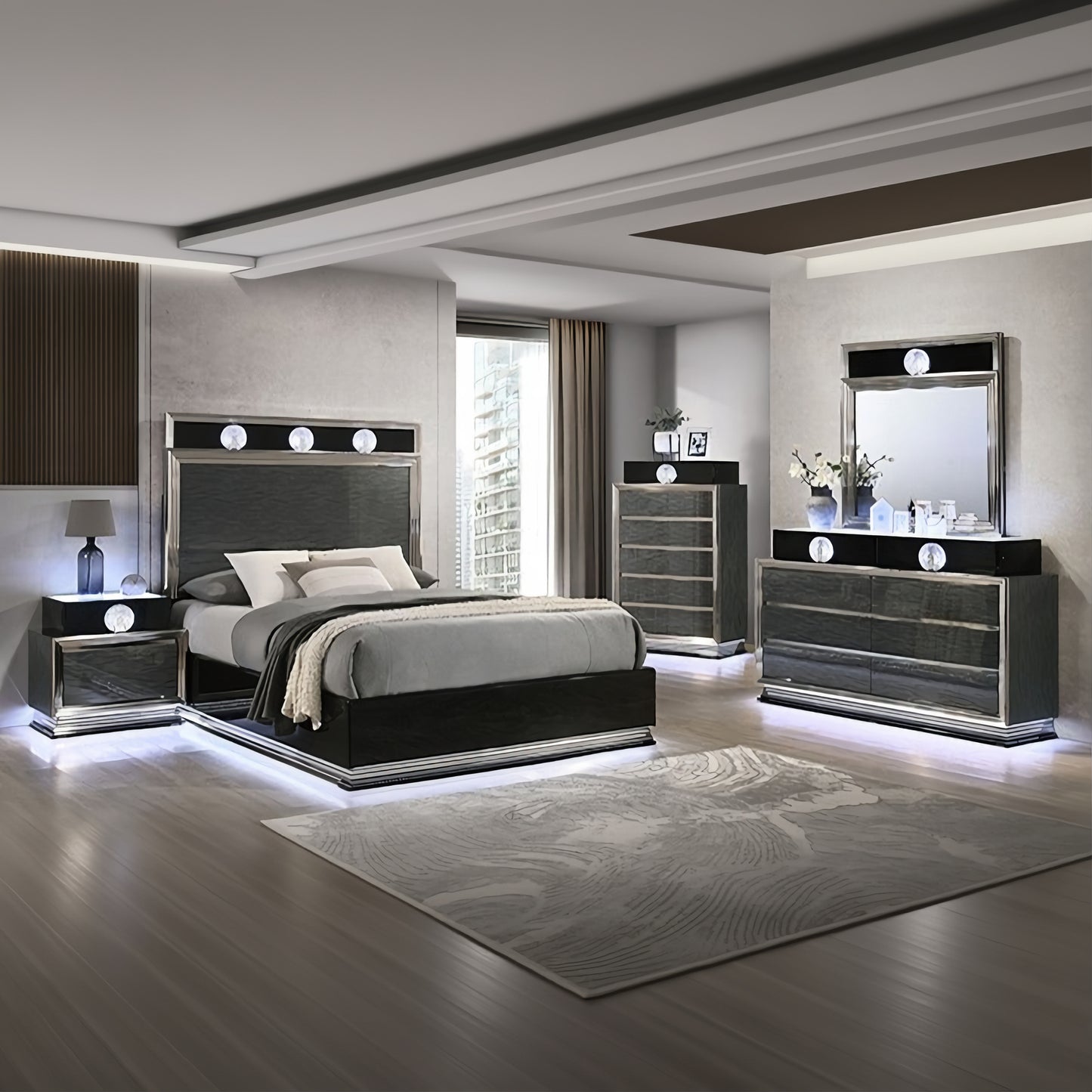 FOA FM72020DG-EK-BED Noire Gray & Black King LED Bed