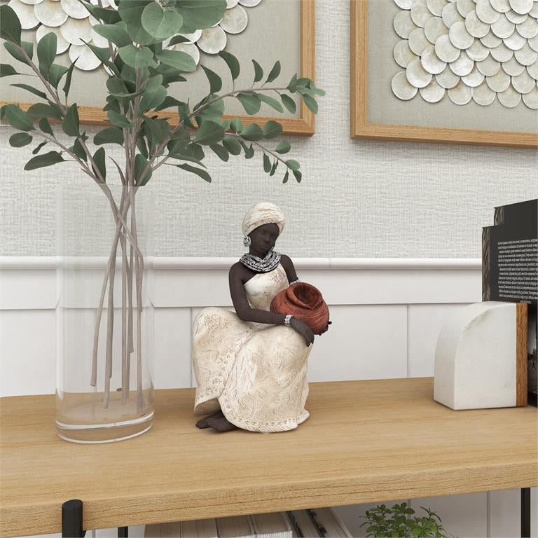 UMA 44694 Cream Polystone Woman Sitting African Decorative Sculpture with Red Water Pot, 6" x 6" x 10"