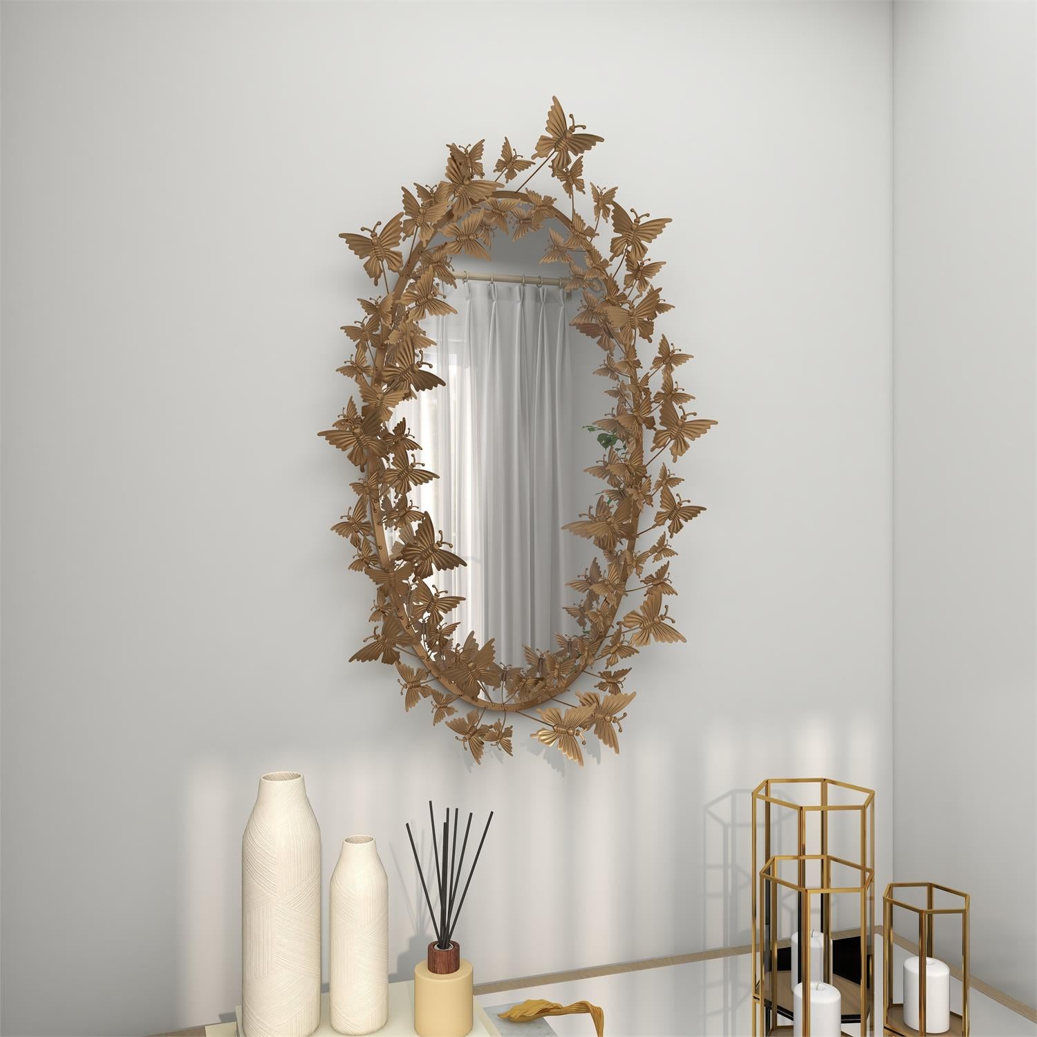 UMA 46260 Gold Metal Butterfly Oval 3D Room Wall Mirror, 19" x 5" x 33"