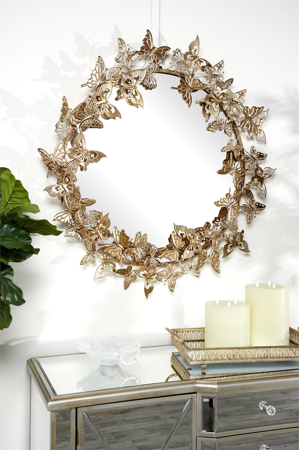 UMA 46261 Gold Metal Butterfly Layered 3D Circle Room Wall Mirror, 28" x 5" x 28"