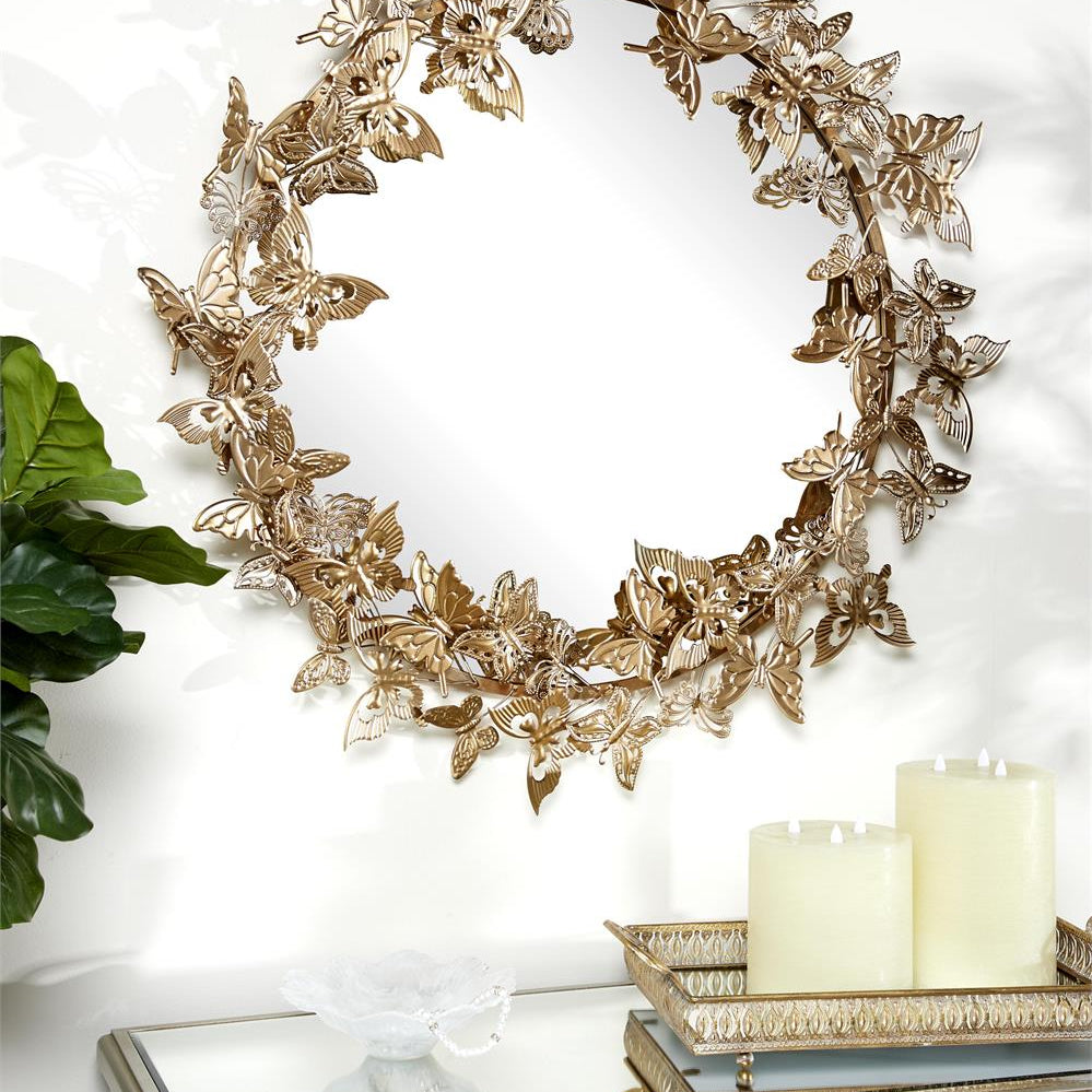 UMA 46261 Gold Metal Butterfly Layered 3D Circle Room Wall Mirror, 28" x 5" x 28"