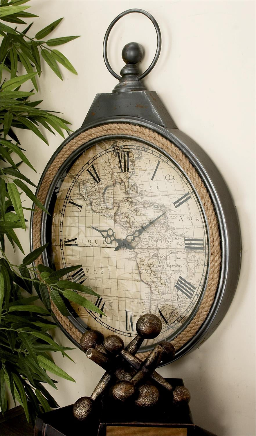 UMA 54485 Gray Metal Pocket Watch Style Decorative Wall Clock with Rope Accent, 21" x 2" x 30"