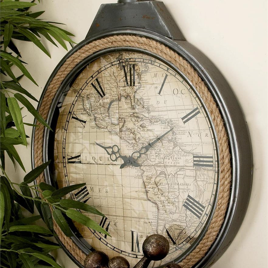 UMA 54485 Gray Metal Pocket Watch Style Decorative Wall Clock with Rope Accent, 21" x 2" x 30"