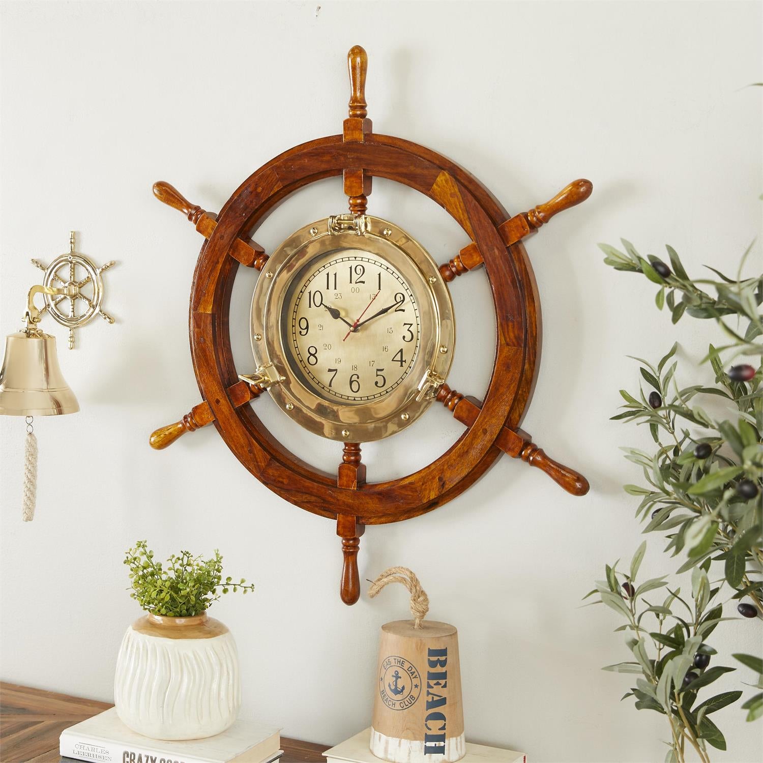 UMA 57137 Gold Wood Sail Boat Ship wheel Wall Clock, 30" x 4" x 30"
