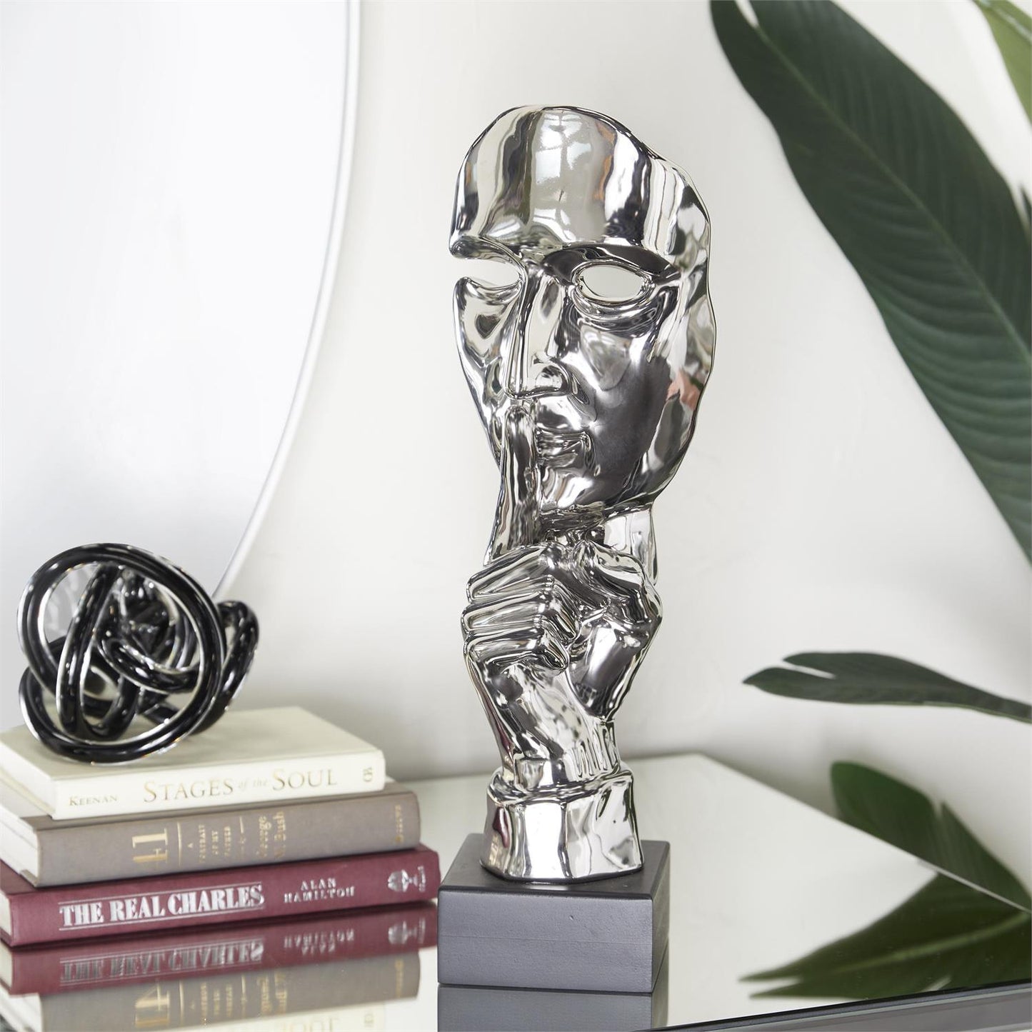 UMA 57177 Silver Porcelain Ceramic Mask Quiet Gesture Decorative Sculpture, 5" x 5" x 17"