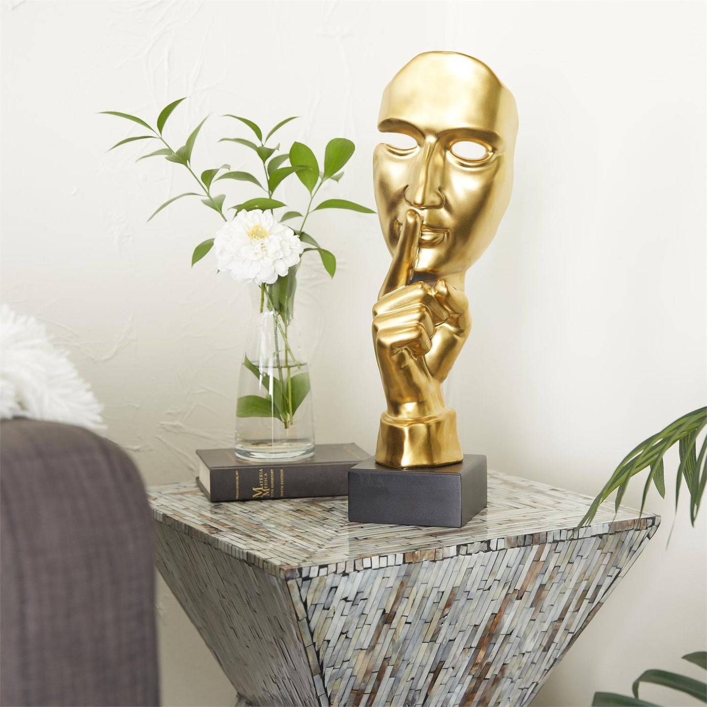 UMA 57178 Gold Porcelain Ceramic Mask Quiet Gesture Decorative Sculpture, 6" x 5" x 17"