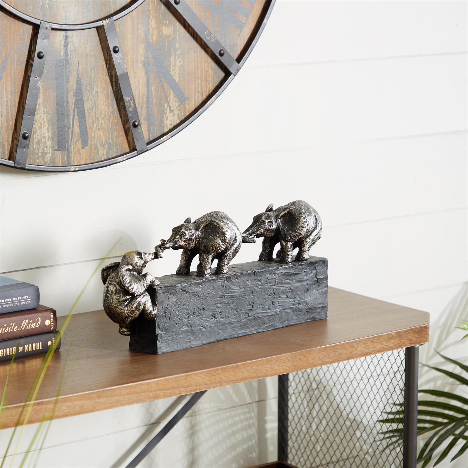 UMA 58320 Black Polystone Elephant Decorative Sculpture, 17" x 4" x 8"