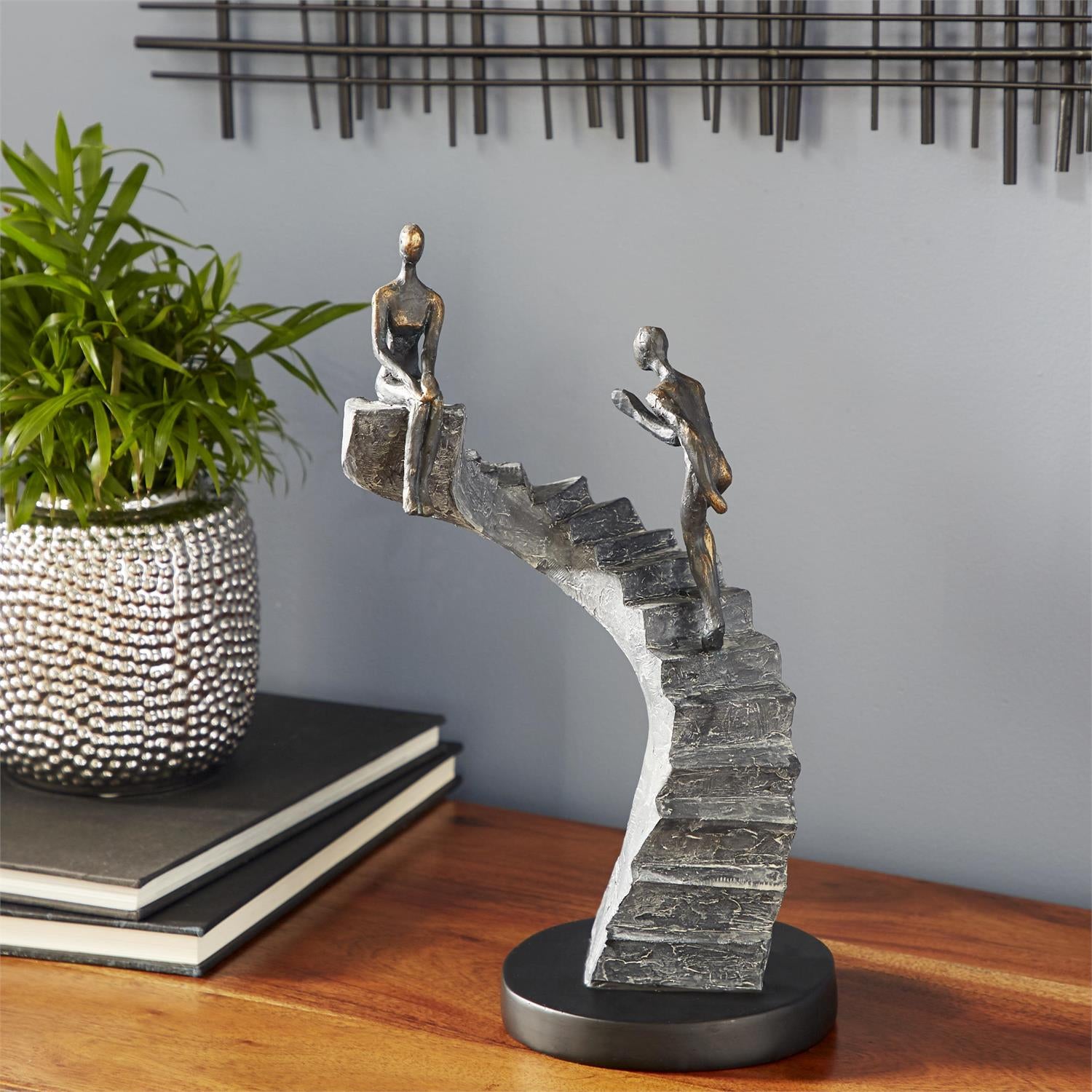 UMA 58372 Black Polystone People Decorative Sculpture with Stairs, 8" x 3" x 14"