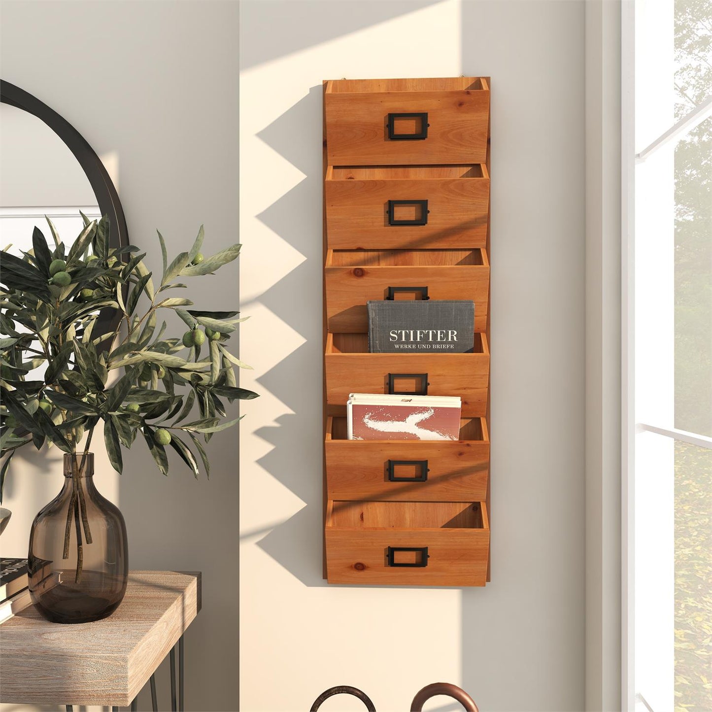 UMA 58613 Brown Wood 6 Slots Decorative Magazine Rack Holder with Suspended Baskets and Label Slot, 3" x 12" x 36"