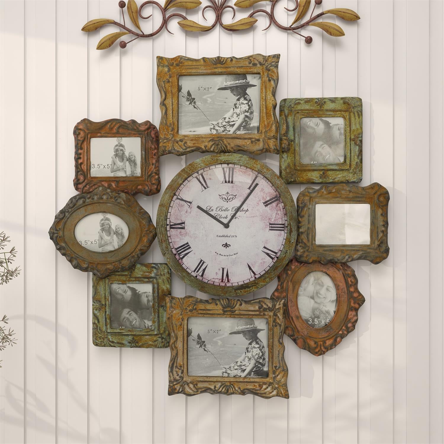 UMA 68412 Green Metal 8 Photo Opening Decorative Wall Clock, 2" x 25" x 25"