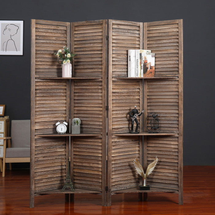 Milton 7116 Light Brown 4 Panel Rustic Screen w/ Shelves