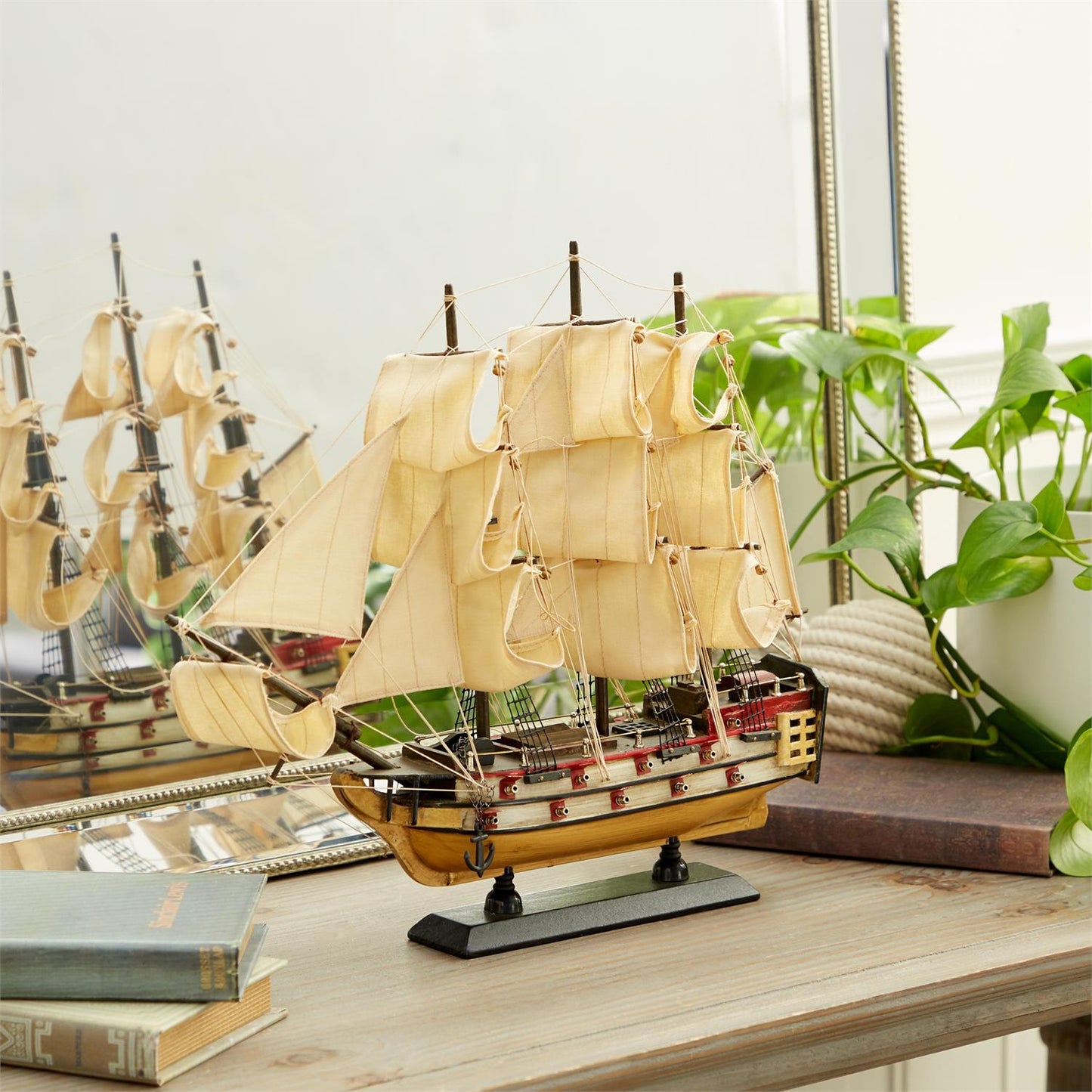 UMA 71633 Beige Wood Sail Boat Decorative Sculpture with Lifelike Rigging, 15" x 3" x 14"