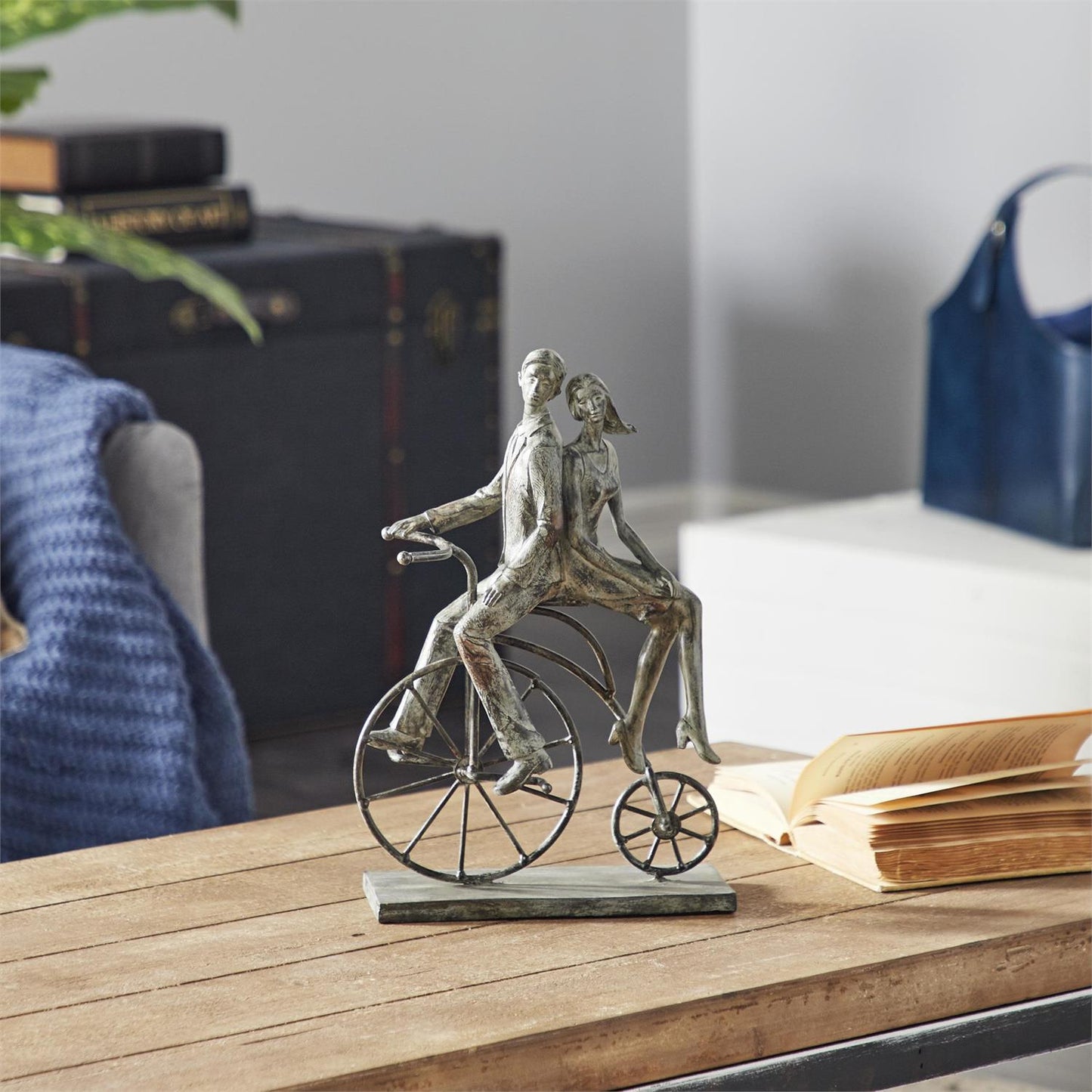 UMA 73385 Gray Polystone People Decorative Sculpture with Bike, 9" x 5" x 13"