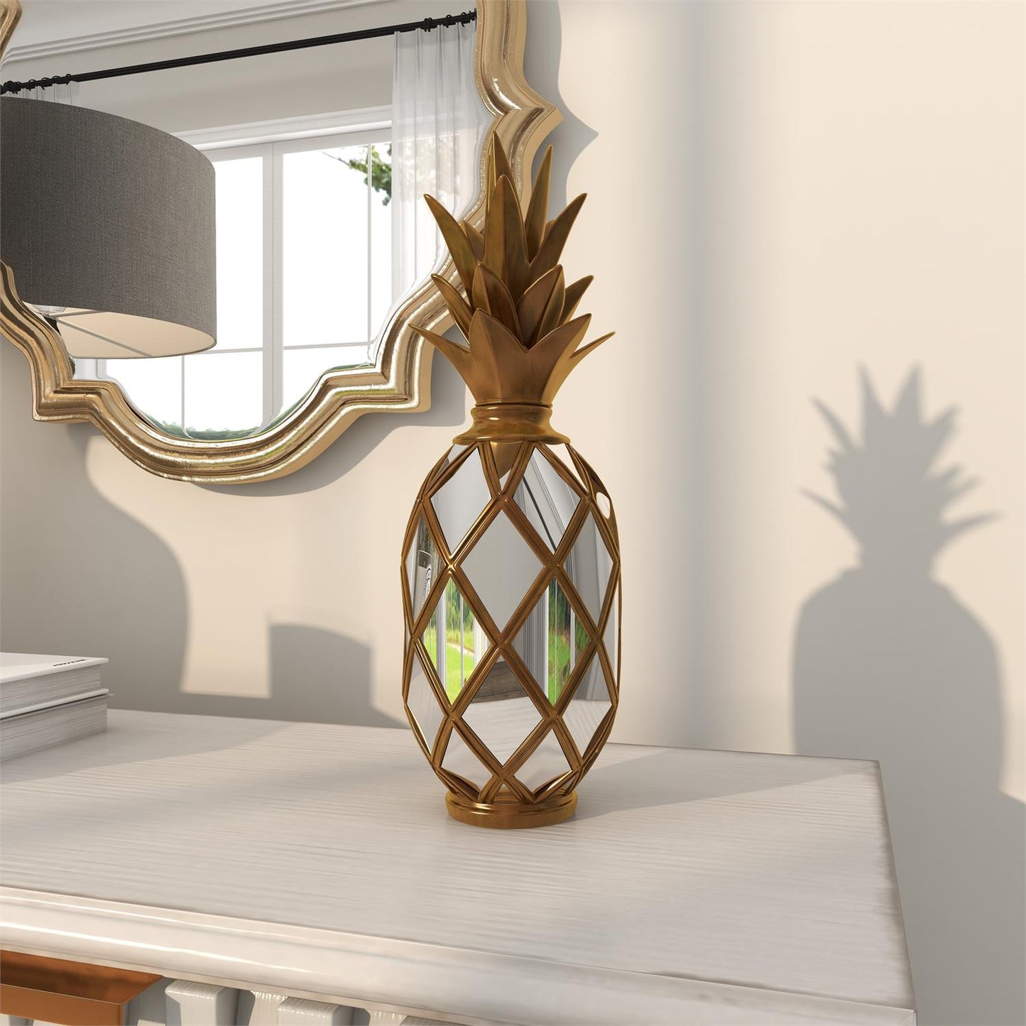 UMA 77176 Gold Polystone Fruit Pineapple Decorative Sculpture with Mirror Accents, 5" x 5" x 15"