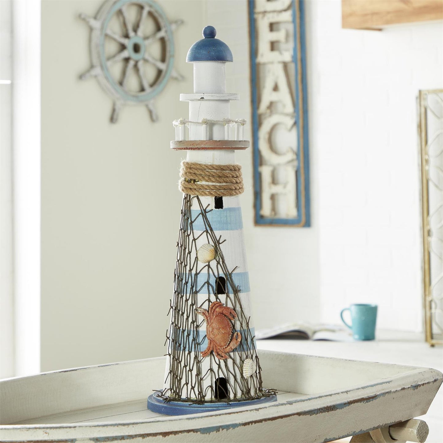 UMA 78716 White Wood Light House Decorative Sculpture with Netting, 7" x 7" x 16"
