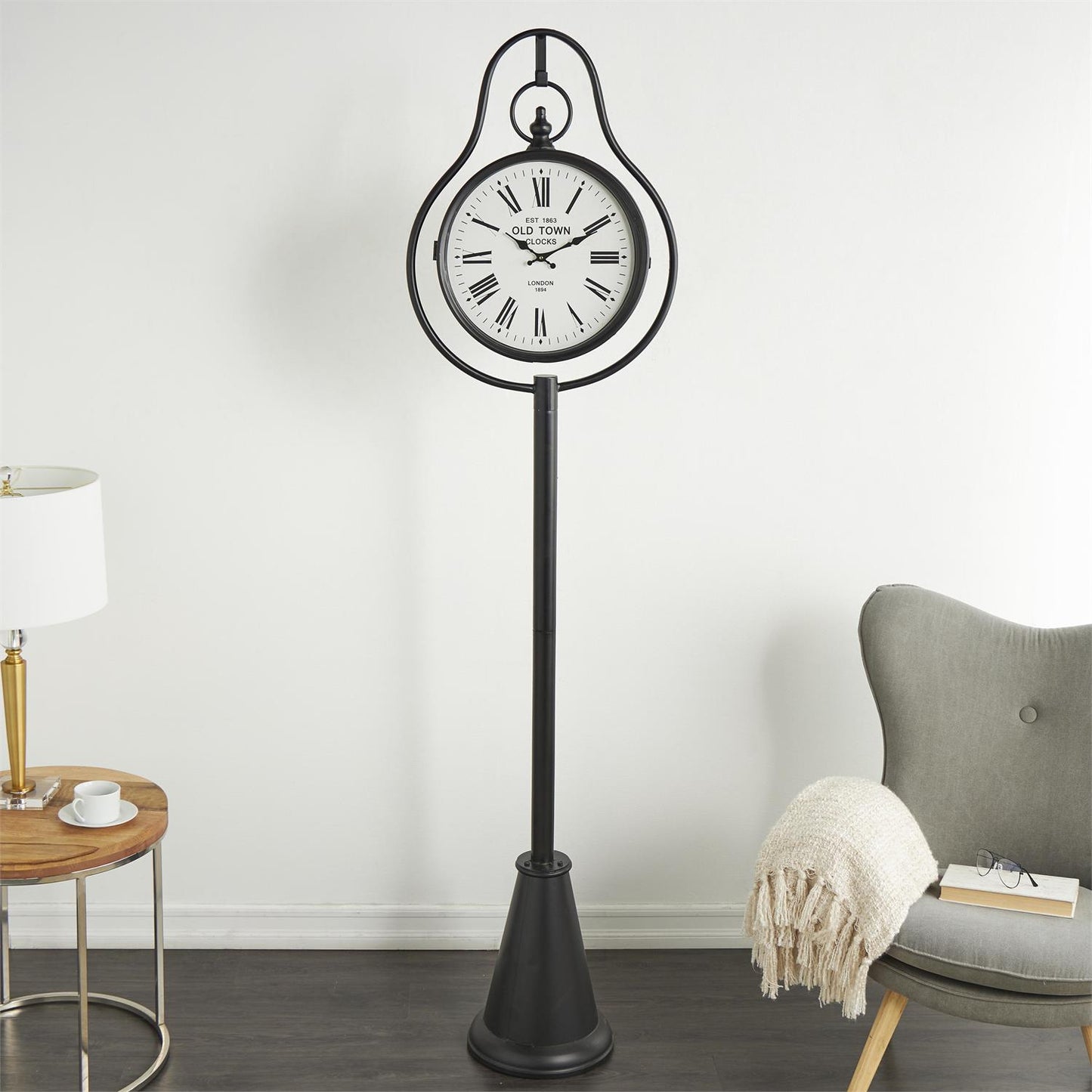 UMA 80359 Black Metal Double Sided Decorative Clock with Cone Shaped Base, 22" x 12" x 81"
