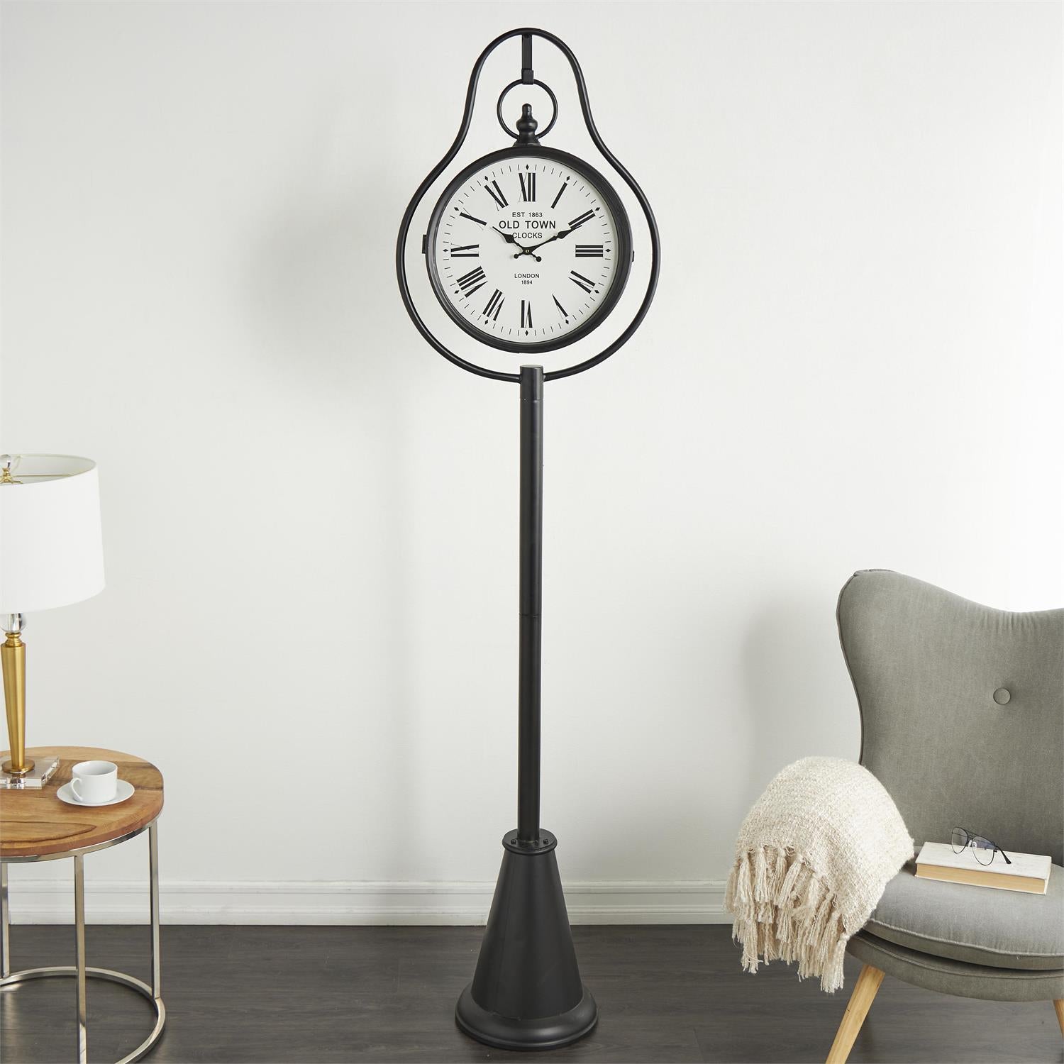 UMA 80359 Black Metal Double Sided Decorative Clock with Cone Shaped Base, 22" x 12" x 81"