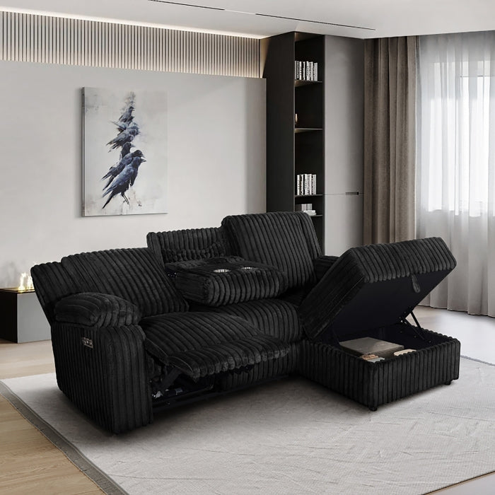 Milton 8286 Black Corduroy RHF Power Recliner Sectional Sofa & Storage Chaise