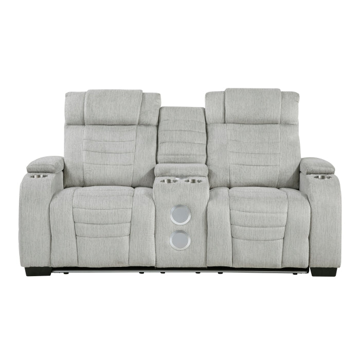 Homelegance 8455GRY-2 Ronan Double Reclining Love Seat w/ Console, Wireless Speakers, Storage Arms, Cup Holders & LED
