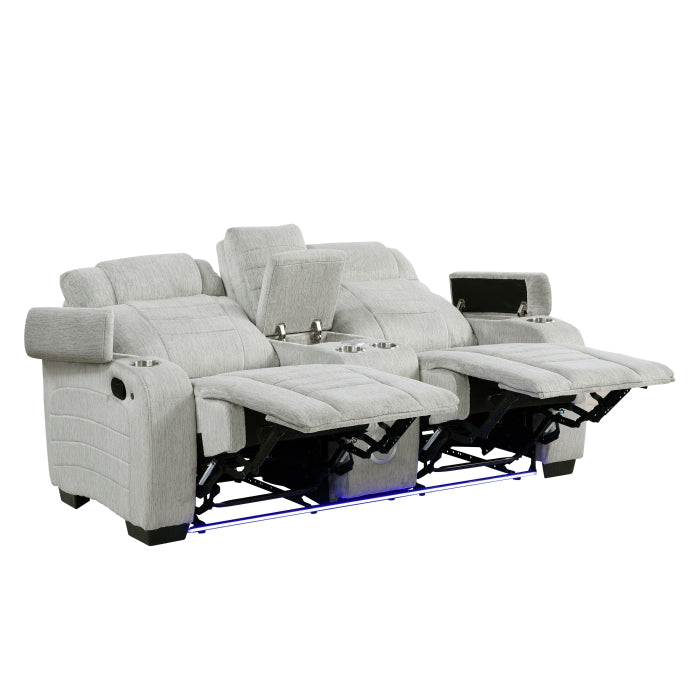 Homelegance 8455GRY-2 Ronan Double Reclining Love Seat w/ Console, Wireless Speakers, Storage Arms, Cup Holders & LED