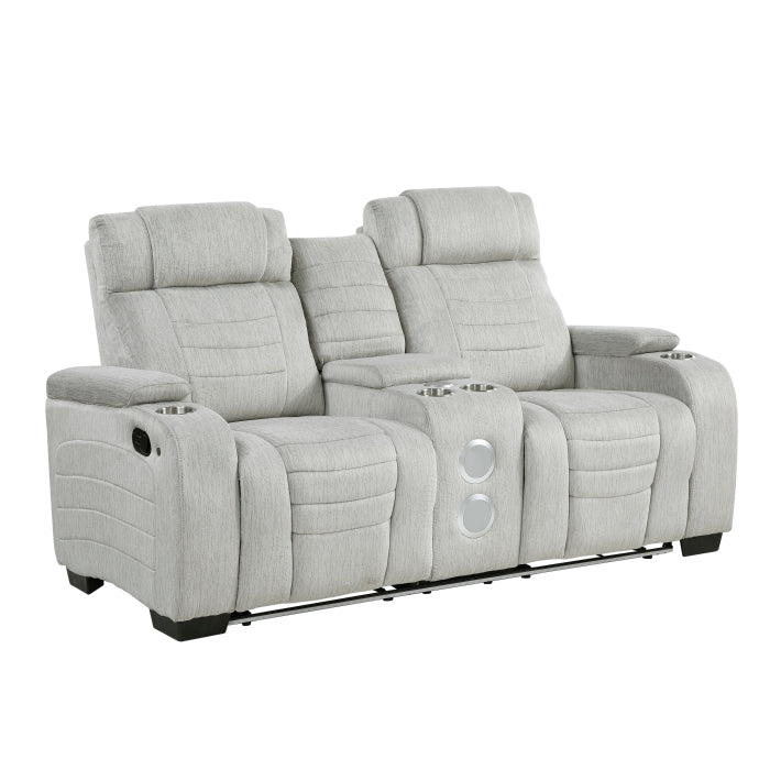 Homelegance 8455GRY-2 Ronan Double Reclining Love Seat w/ Console, Wireless Speakers, Storage Arms, Cup Holders & LED