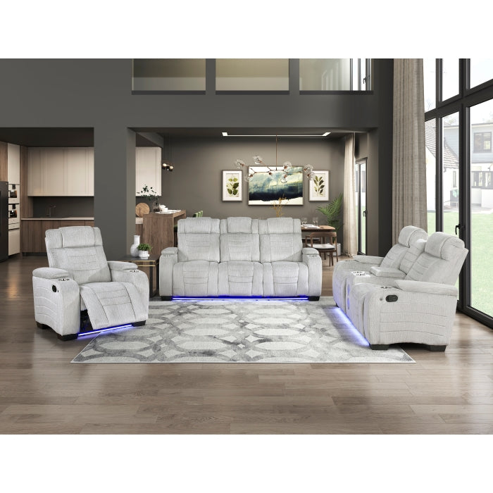 Homelegance 8455GRY-2 Ronan Double Reclining Love Seat w/ Console, Wireless Speakers, Storage Arms, Cup Holders & LED