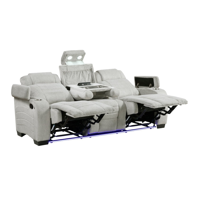 Homelegance 8455GRY-3 Ronan Double Reclining Sofa w/ Drop-Down Cup Holders, Storage Arms, Cup Holders, Reading Lights, Magazine Bag, Charging Ports and LED