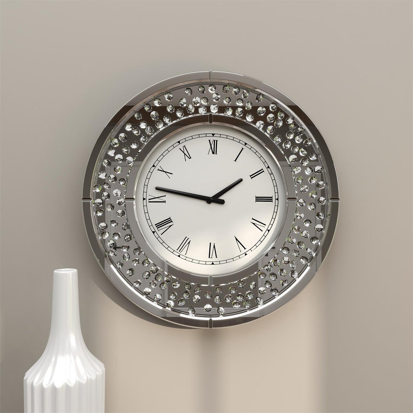 UMA 87310 White Glass Mirrored Decorative Wall Clock with Floating Crystals, 20" x 2" x 20"