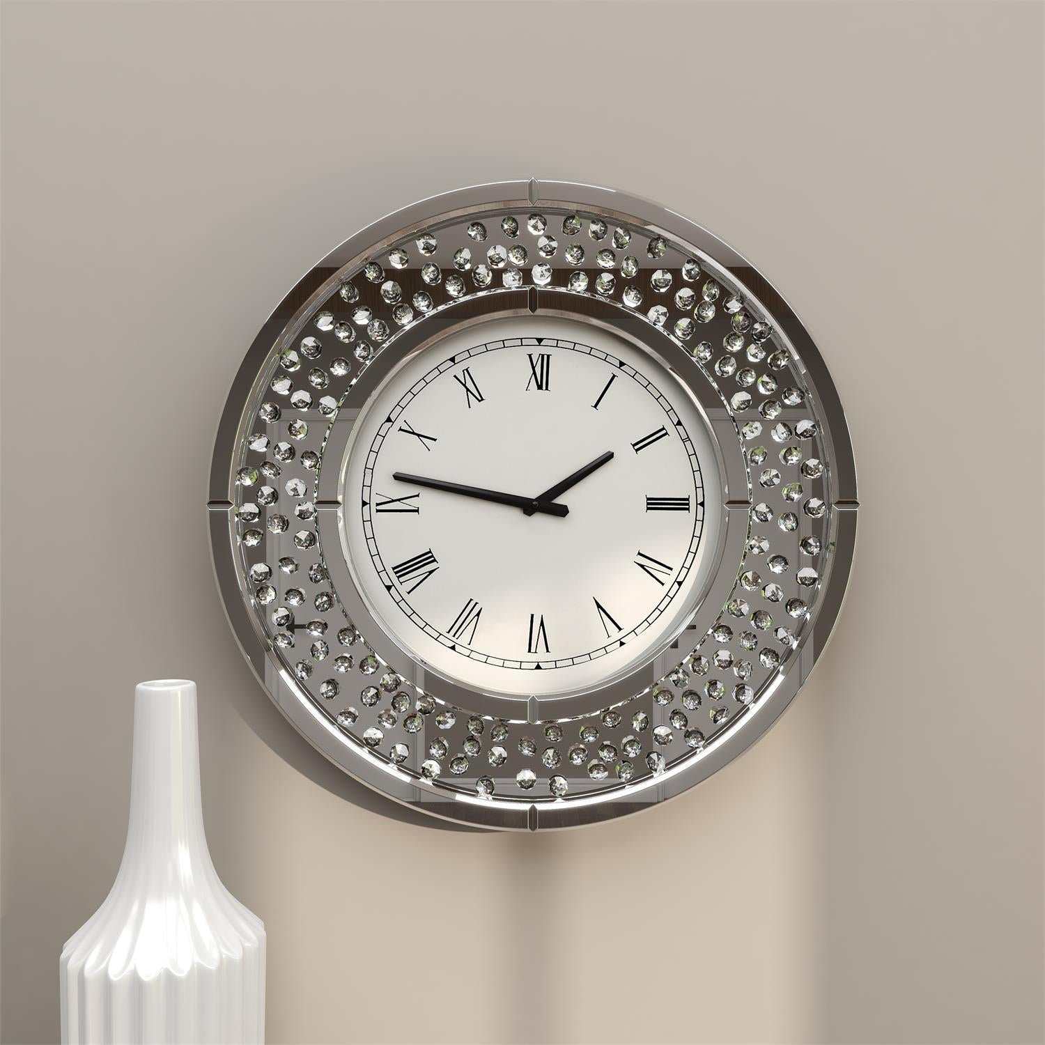 UMA 87310 White Glass Mirrored Decorative Wall Clock with Floating Crystals, 20" x 2" x 20"