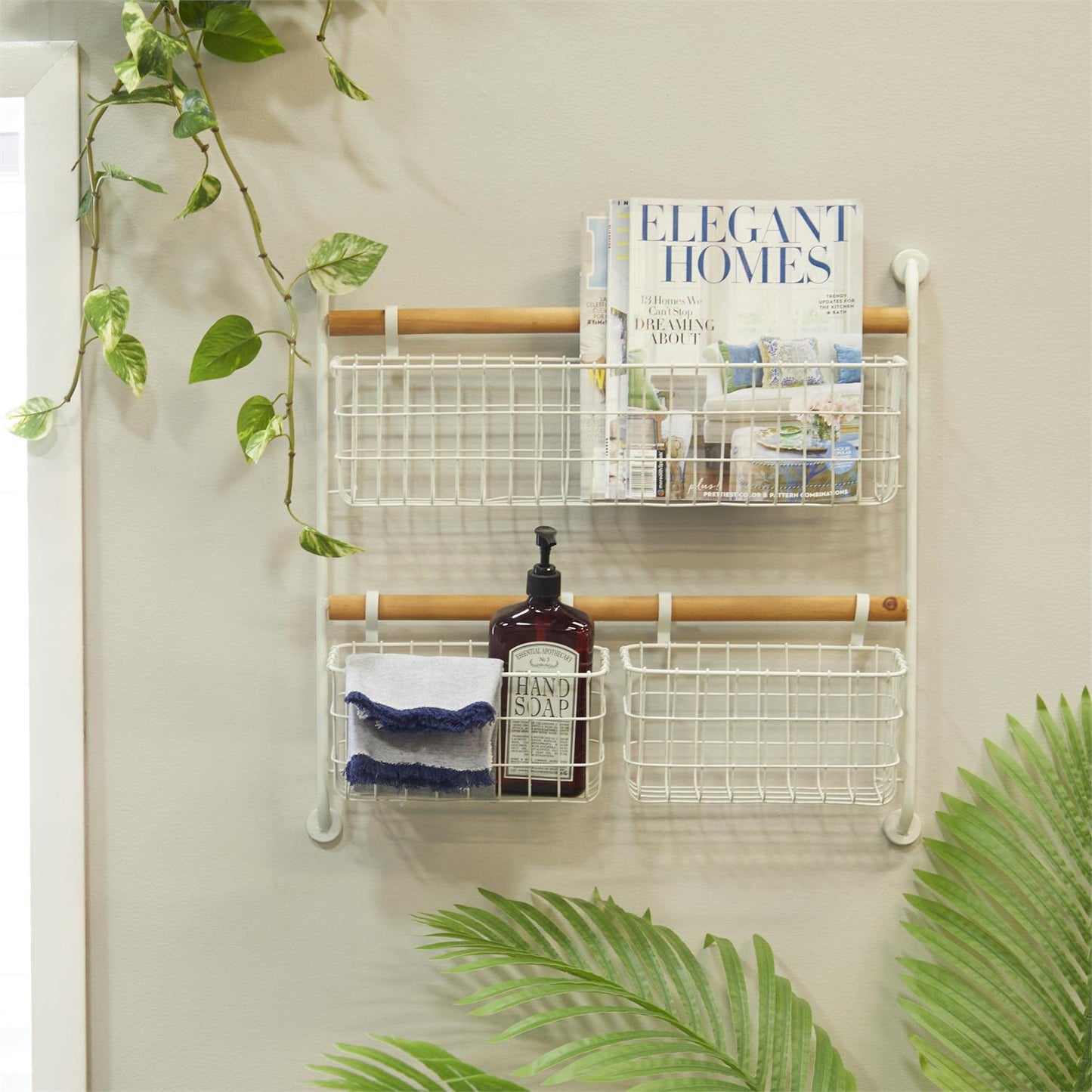 UMA 87827 White Metal Wall Mounted 3 Hanging Baskets Magazine Rack Holder, 22" x 5" x 21"