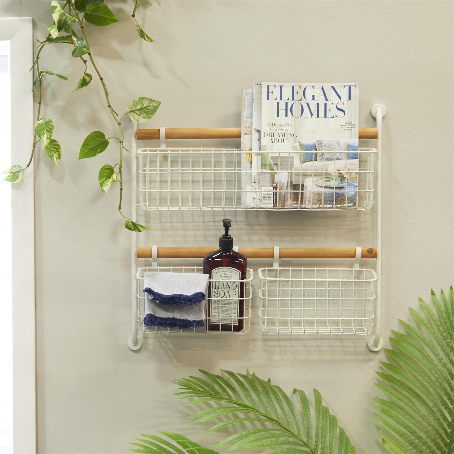 UMA 87827 White Metal Wall Mounted 3 Hanging Baskets Magazine Rack Holder, 22" x 5" x 21"