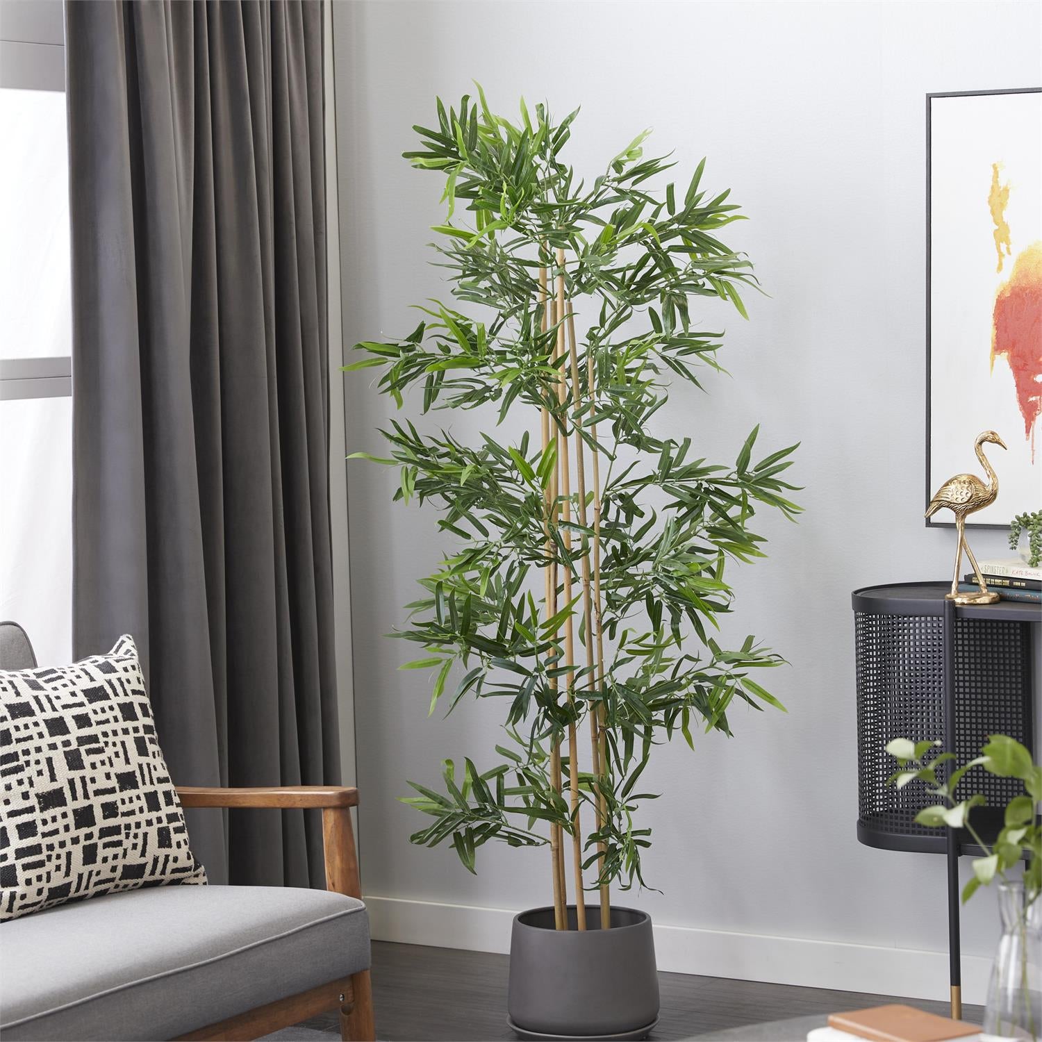UMA 88291 Green Faux Foliage Bamboo Indoor Outdoor Artificial Tree with Realistic Leaves and Black Plastic Pot, 34" x 32" x 72"
