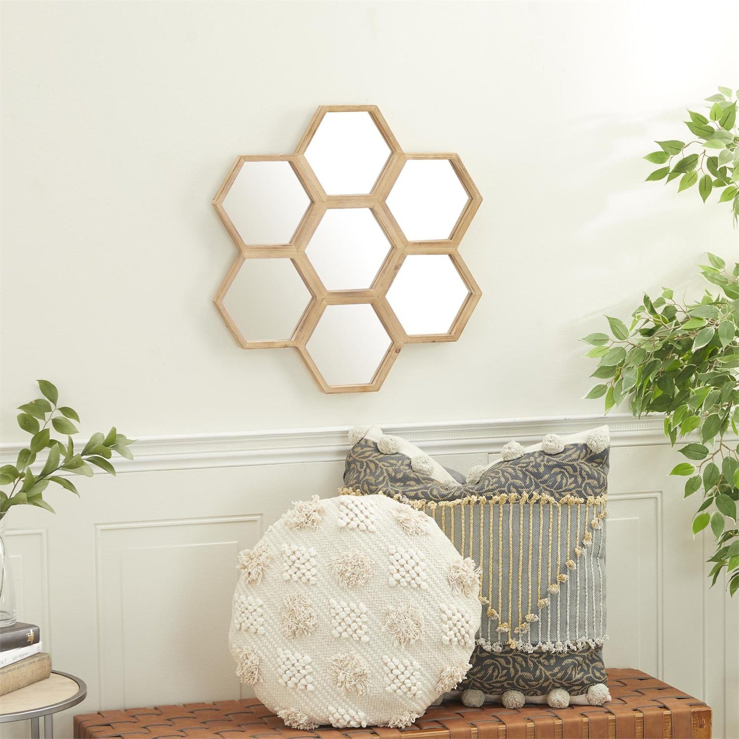 UMA 91851 Brown Wood Handmade Honeycomb Shaped Room Wall Mirror, 21" x 1" x 21"