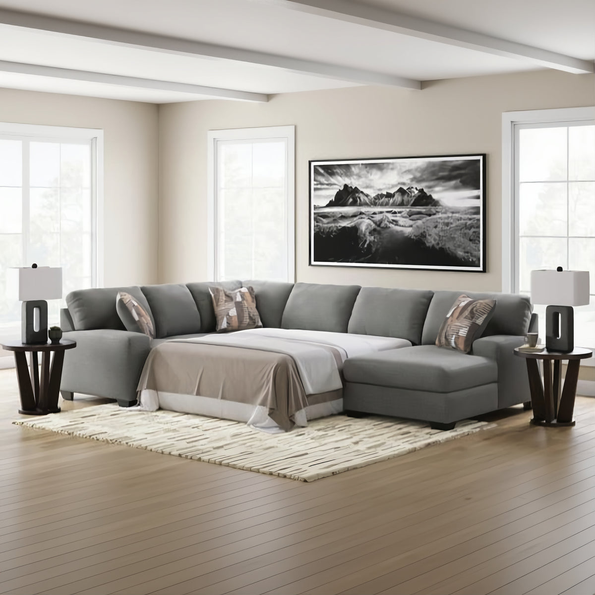 Ashley PC48405S6 Newellen Greystone 3 Piece Sectional Sleeper w/ RHF Chaise