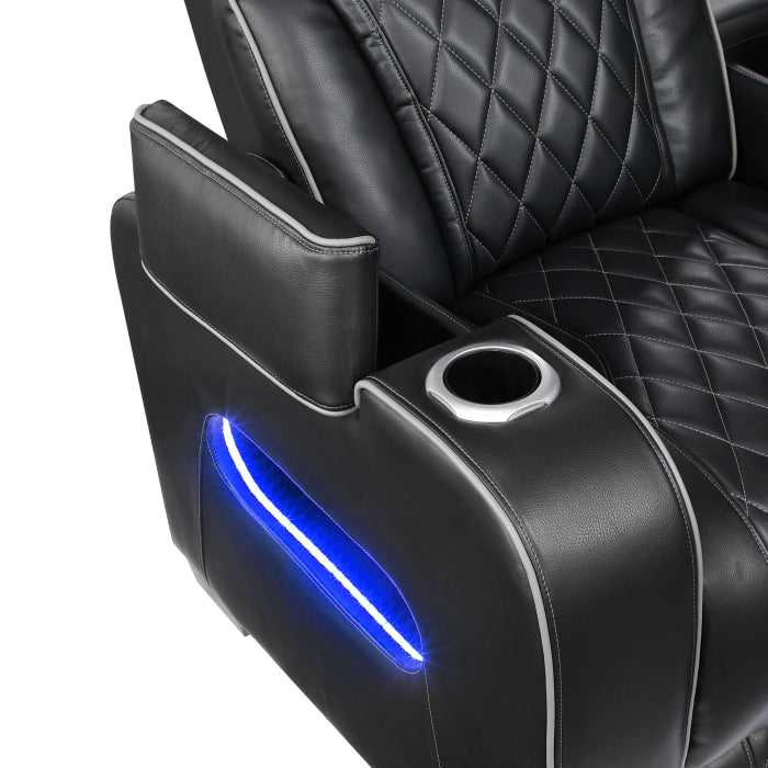 Homelegance 9516BLK-3PWH Fairway Black Power Double Reclining Sofa with Center Drop Down