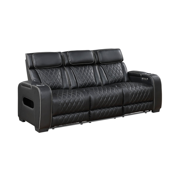 Homelegance 9516BLK-3PWH Fairway Black Power Double Reclining Sofa with Center Drop Down