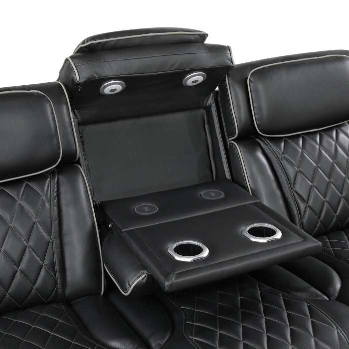 Homelegance 9516BLK-3PWH Fairway Black Power Double Reclining Sofa with Center Drop Down